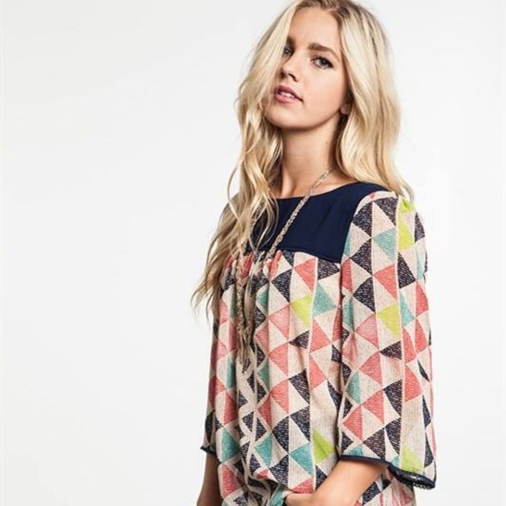Umgee Sheer Boho Geometric Print Blouse – Multicolor Triangle Top, Size Medium